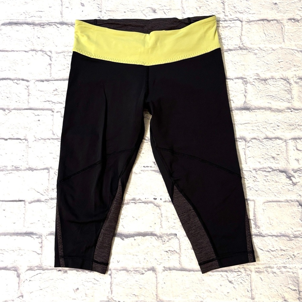 Lululemon Low Rise Cropped Leggings Black with Yellow Stretchy Waistband Size 6